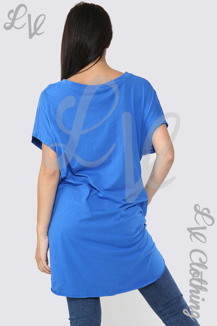 Ladies Foil Heart Graphic Tunic Top Royal Blue - Unit Price £10.99