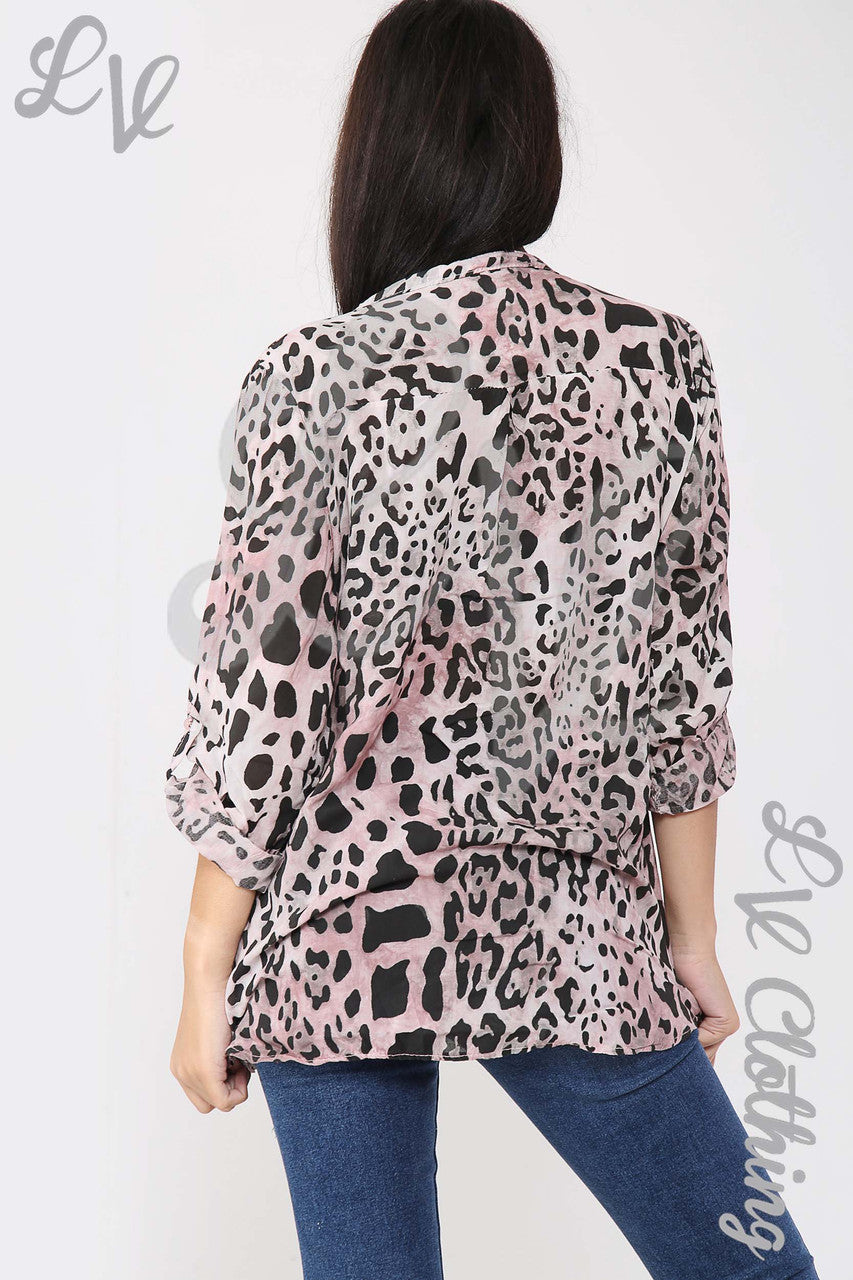 Ladies Leopard Print Grandad Style Blouse Shirt Dusty Pink - Unit Price £12.99