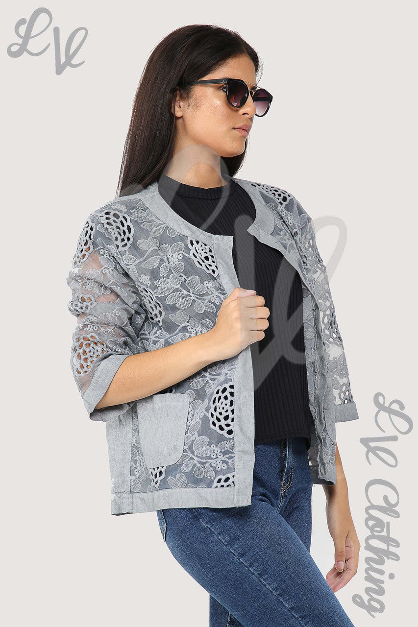 Ladies Lace Floral Cut Out Design Short Cardigan Grey - Unit Price £13.99