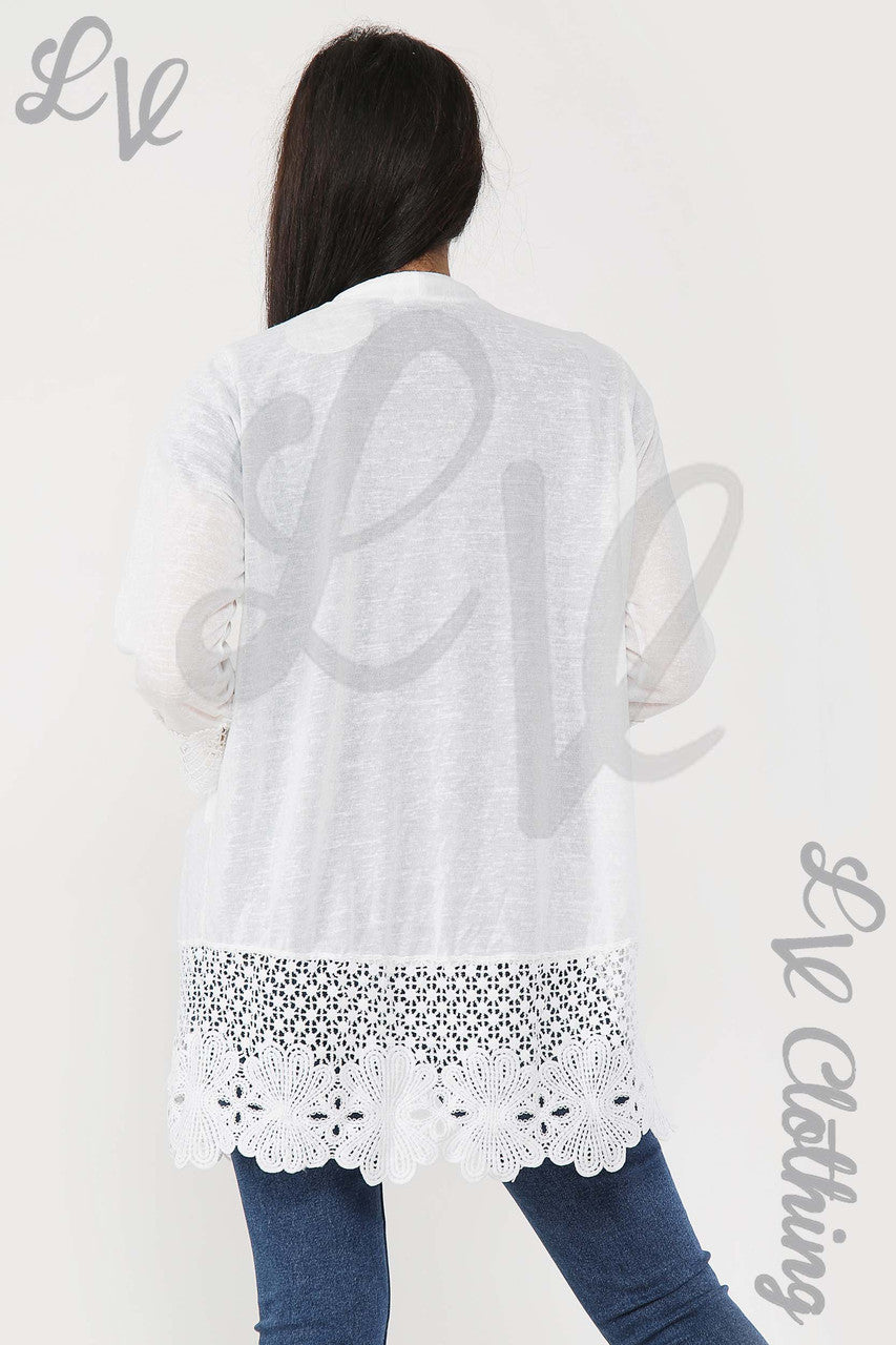 Ladies Lace Floral Border Design Cardigan White - Unit Price £12.99