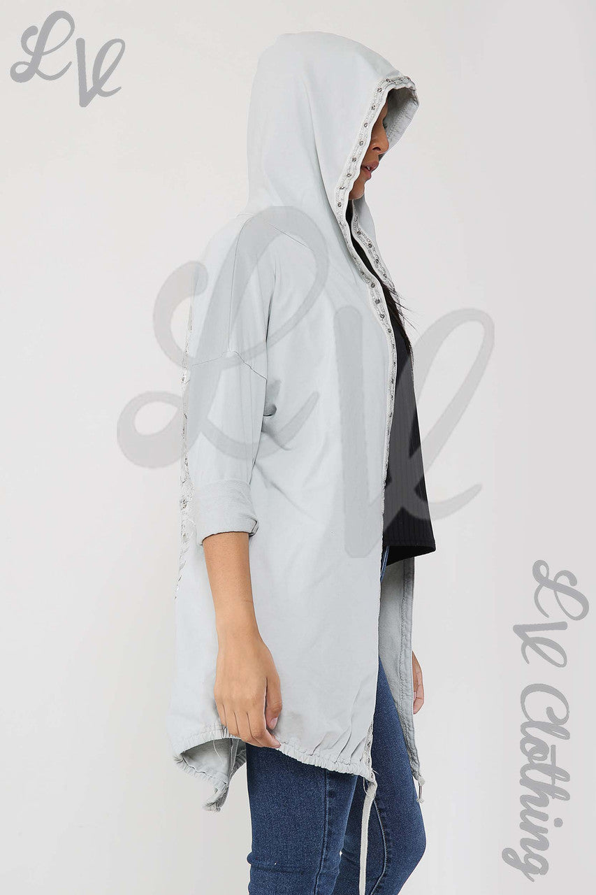 Ladies Hooded Jacket With Floral Foil Detail Back Silver - Unit Price £18.99