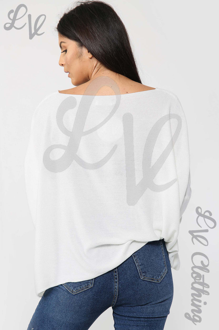 Ladies Plain Fine Knit Long Sleeve Top White - Unit Price £13.99