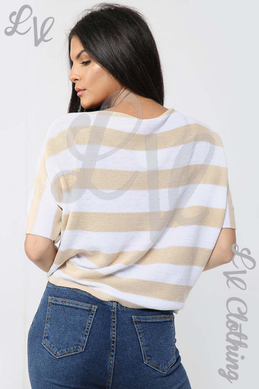 Ladies Fine Knit Block Striped Jumper Stone - Unit Price £11.99