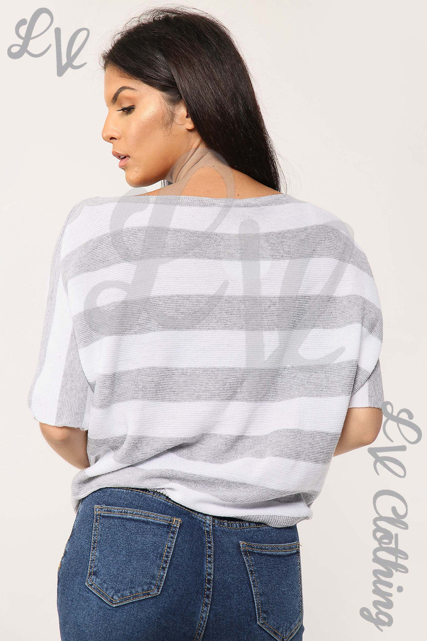 Ladies Fine Knit Block Striped Jumper Grey - Unit Price £11.99
