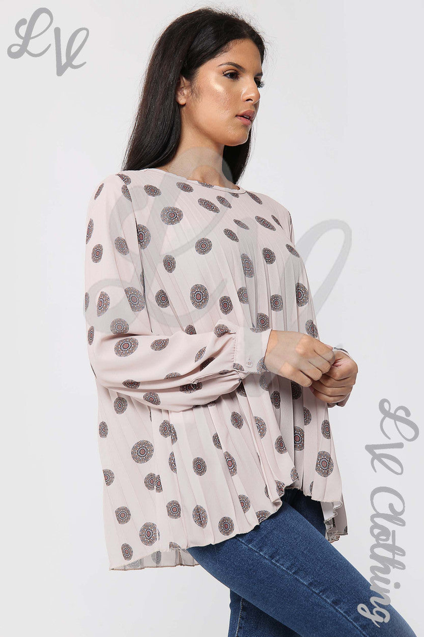 Ladies Circle Tribal Print Pleated Blouse Stone - Unit Price £10.99