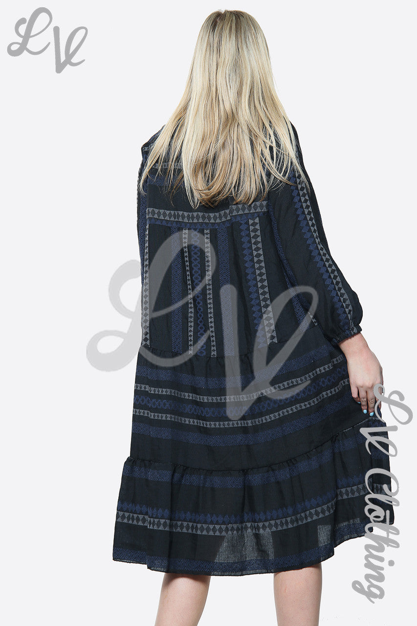 Dames Geplooide Smockjurk met Aztekenprint Marineblauw Stukprijs € 9,99