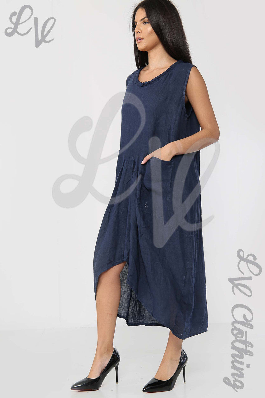 Ladies Drawstring Neckline Sleeveless Dress Navy - Unit Price £19.99
