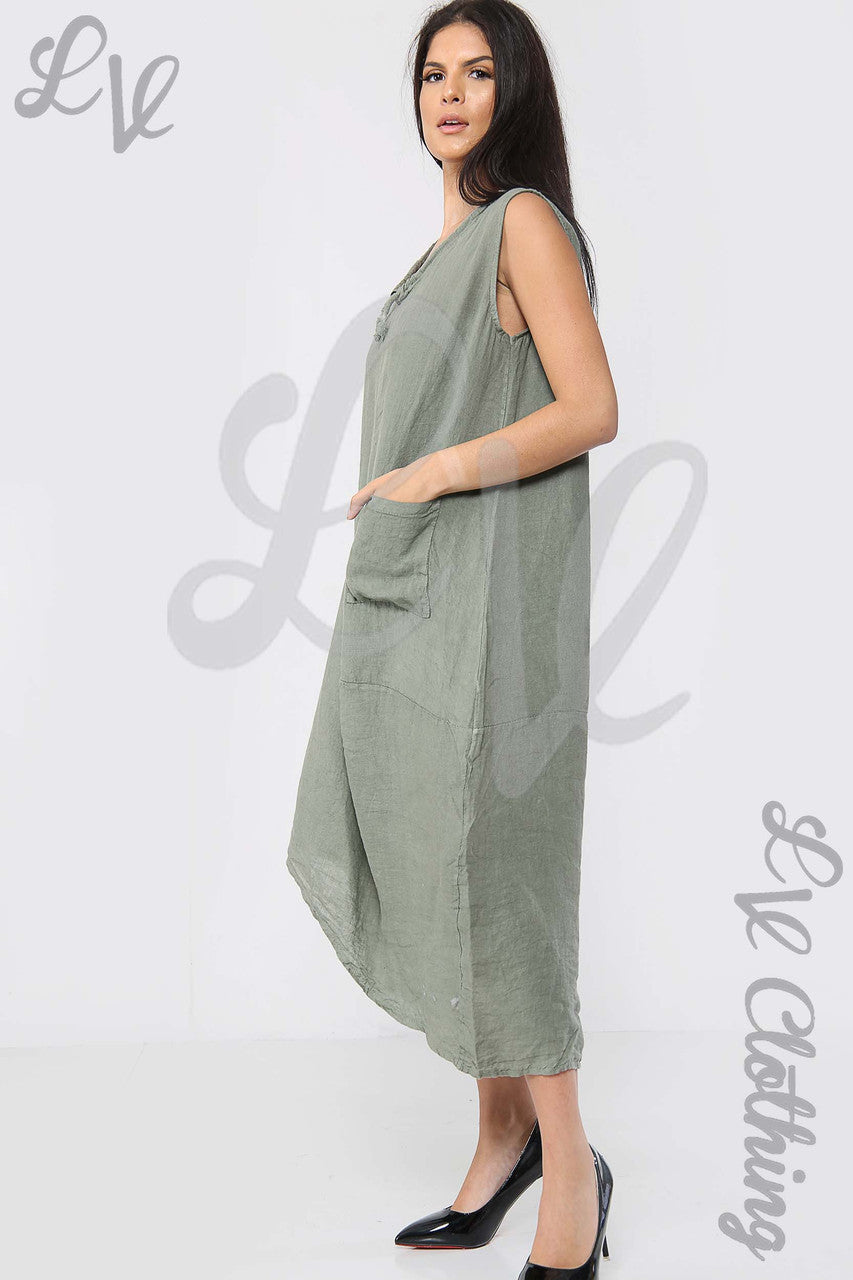 Ladies Drawstring Neckline Sleeveless Dress Khaki - Unit Price £19.99