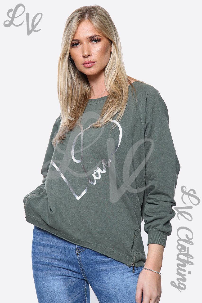 Dames sweater met hartprint kaki stukprijs £14,99