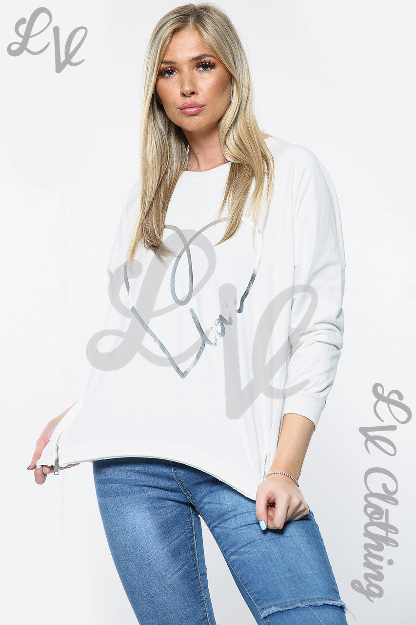 Dames Love Heart Print Top Sweatshirt Wit Stukprijs €14,99