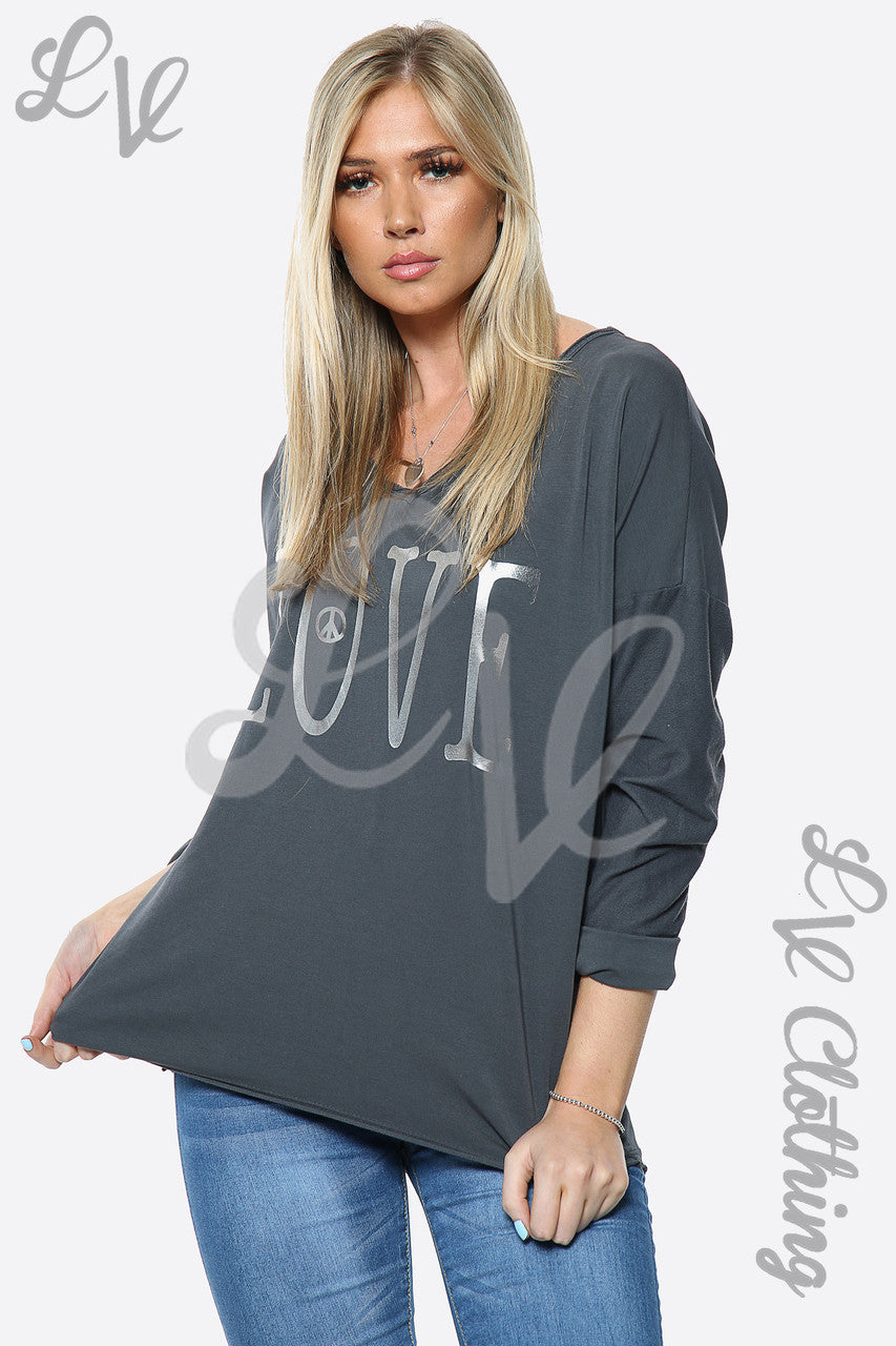 Dames Zilverfolie 'Love' Slogan Trui Top Antraciet Stukprijs £13.99