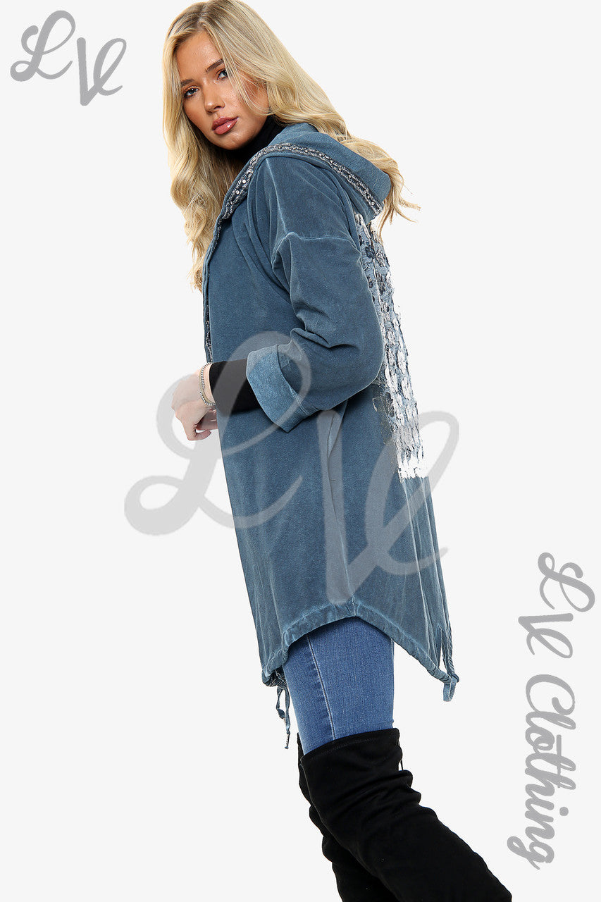 Dames Hoodiejack met bloemenfoliedetail op de rug en denimstof - Eenheidsprijs €18,99