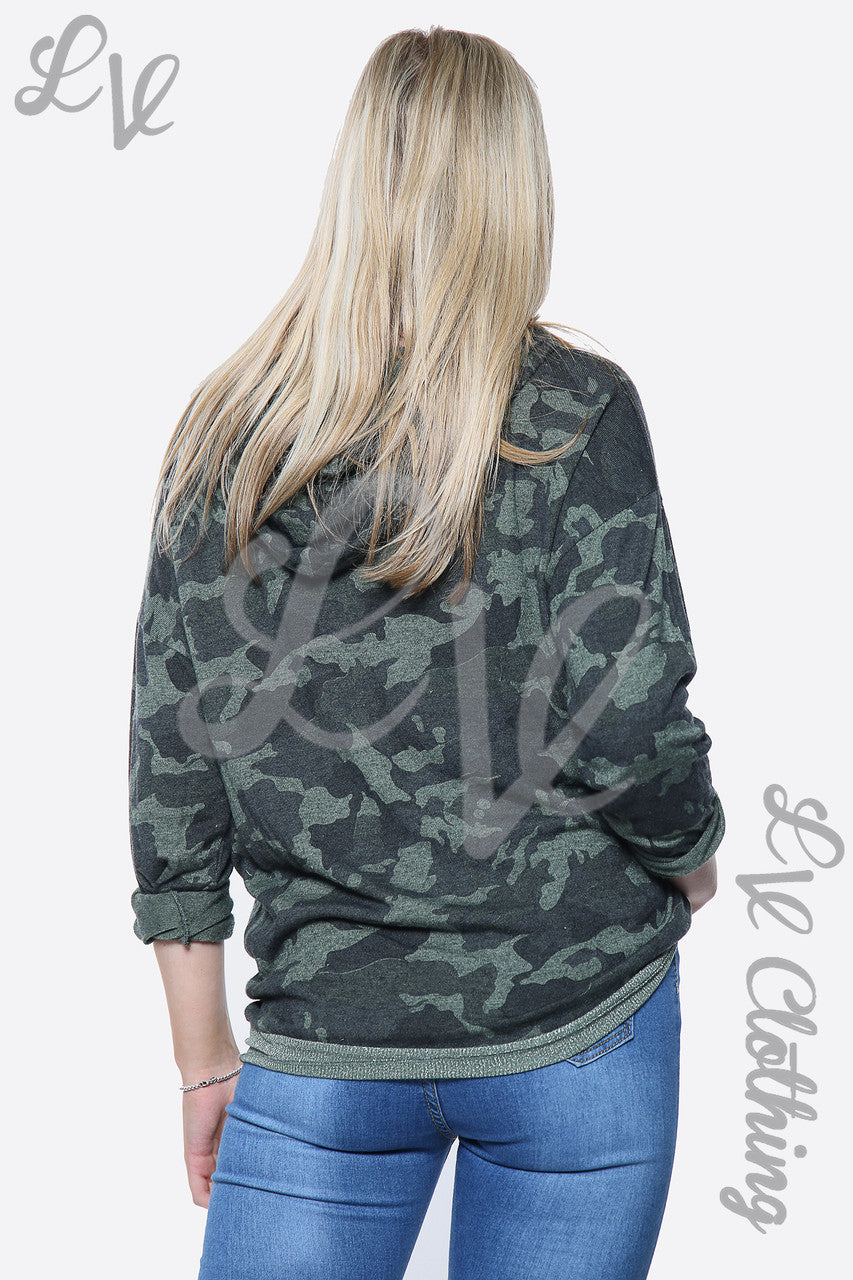 Ladies Camouflage Print Sequin Laser Cut Hooded Top Khaki Unit Price £14.99