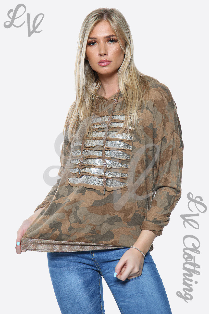Ladies Camouflage Print Sequin Laser Cut Hooded Top Tan Unit Price £14.99