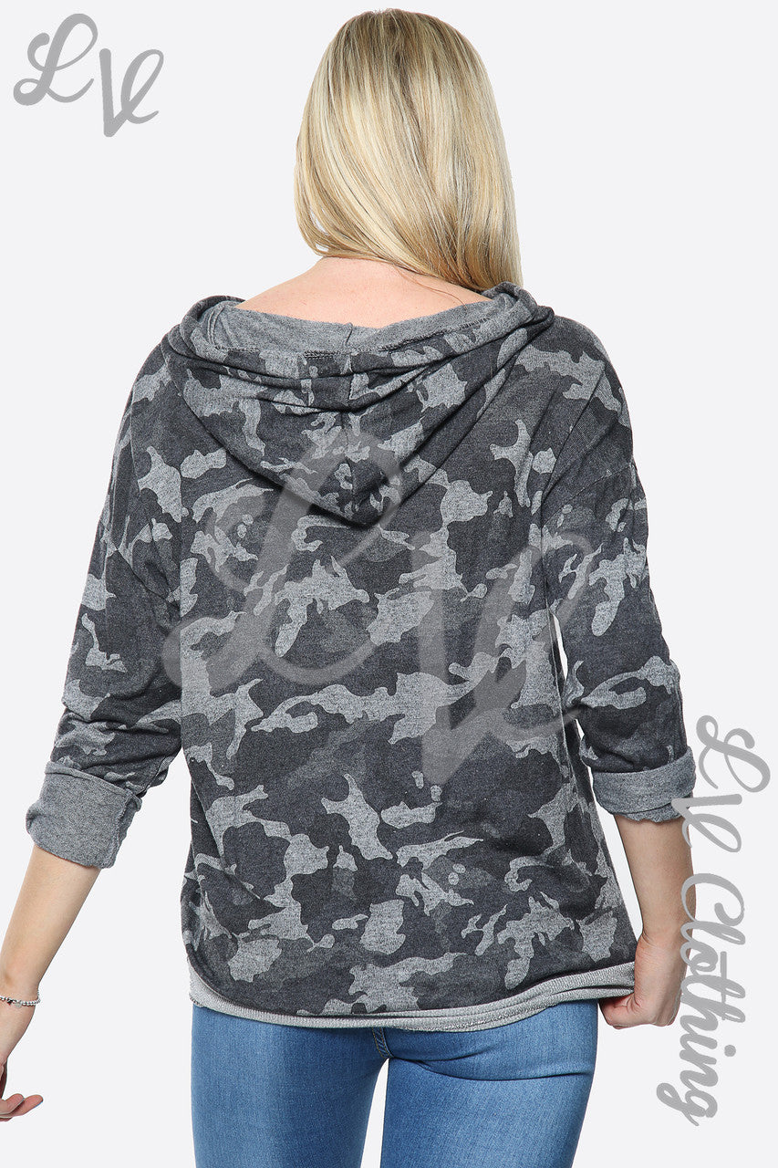 Ladies Camouflage Print Sequin Laser Cut Hooded Top Charcoal Unit Price £14.99