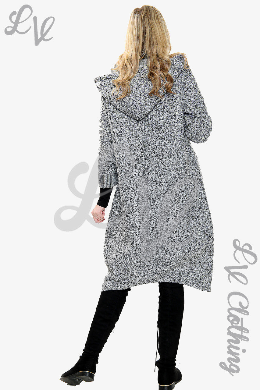 Ladies Teddy Bear Wool Blend Hooded Long Jacket Coat Mottled Grey - Unit Price £20.99