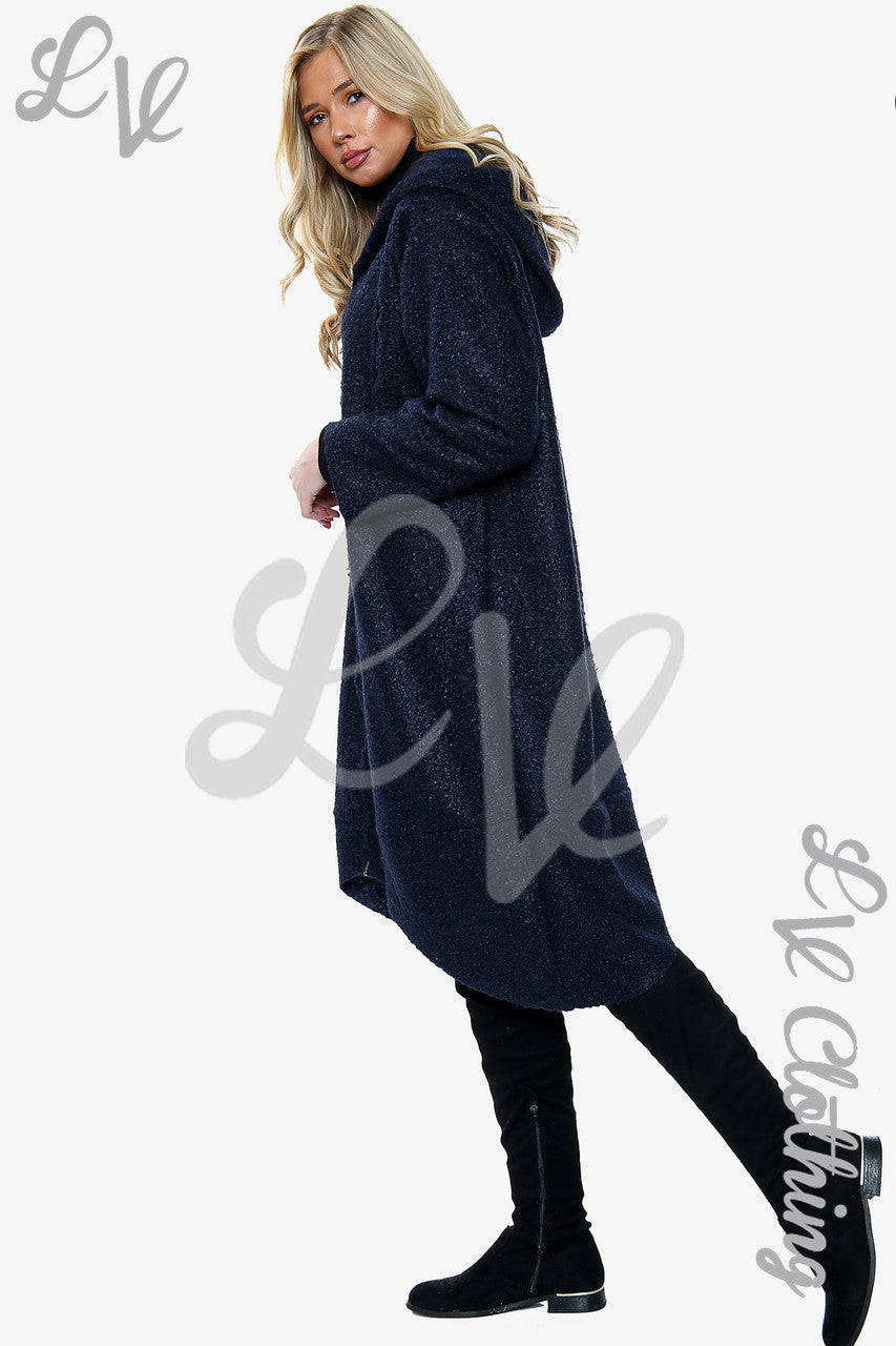 Ladies Teddy Bear Wool Blend Hooded Long Jacket Coat Navy - Unit Price £20.99