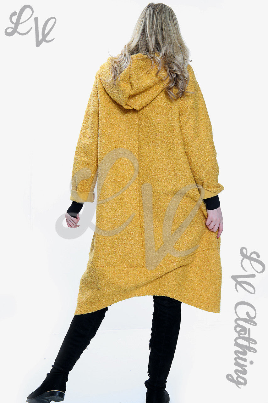 Dames Teddybeer Wollen Mix Hooded Lange Jas Mosterd - Eenheidsprijs €20,99