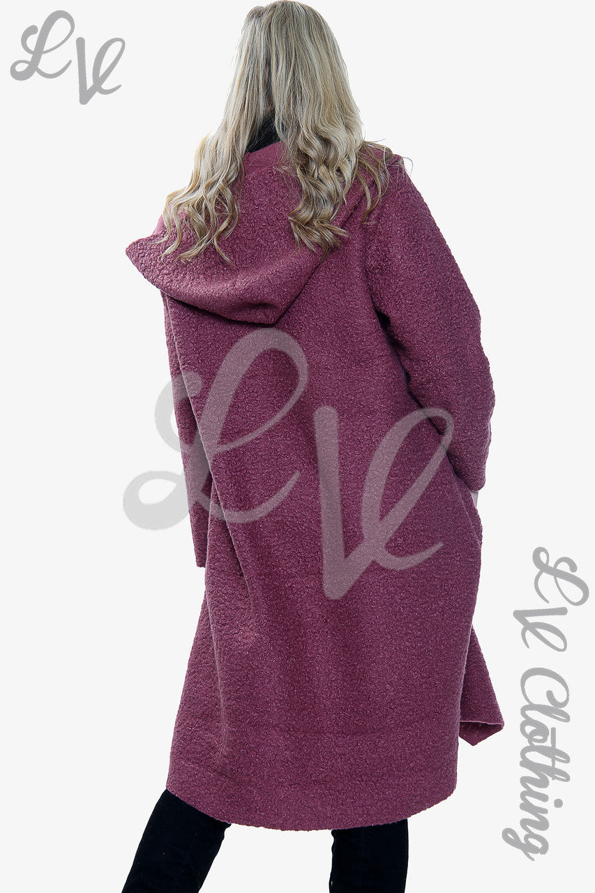 Dames Teddybeer Wollen Mix Hooded Lange Jas Donkerroze - Stukprijs €20,99
