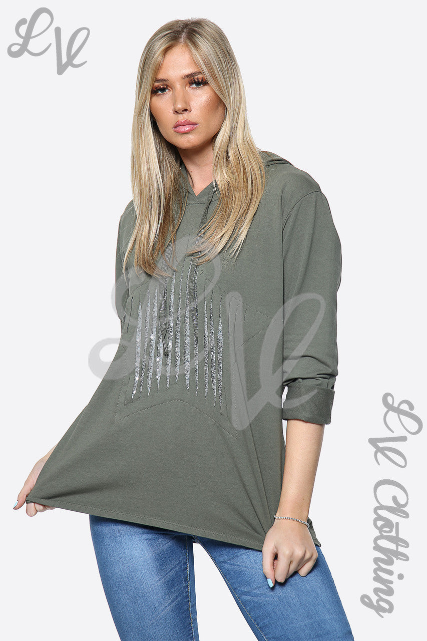 Dames zilveren ster hooded trui kaki stukprijs € 13,99