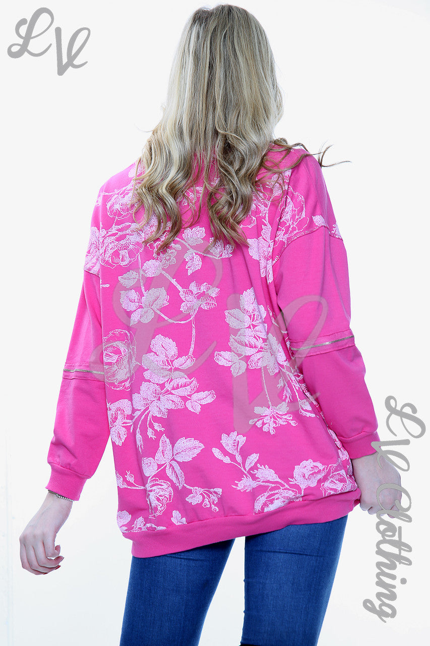 Dames Trui met Bloemenprint en Ritssluiting op Mouw Cerise - Stukprijs €9.99