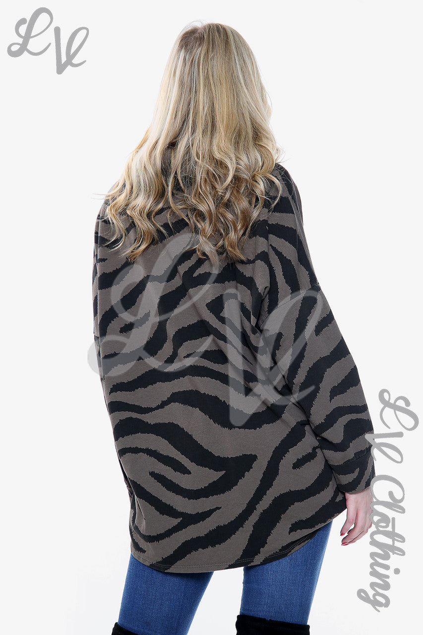 Ladies Zebra Print Cowl Neck Top Taupe - Unit Price £12.99