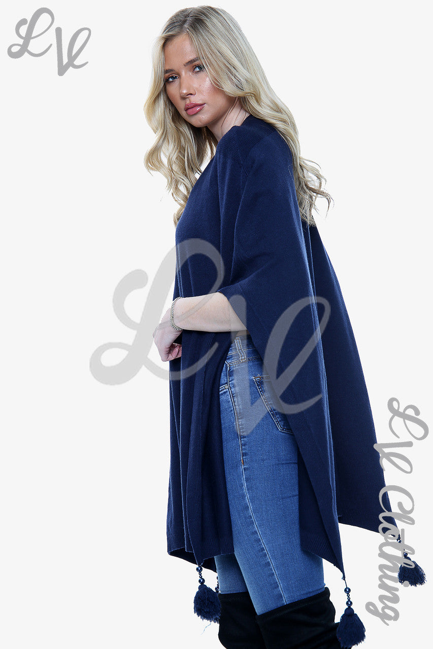 Dames Poncho/Trui met Kwastjes & Pompons Navy - Stukprijs €15,99