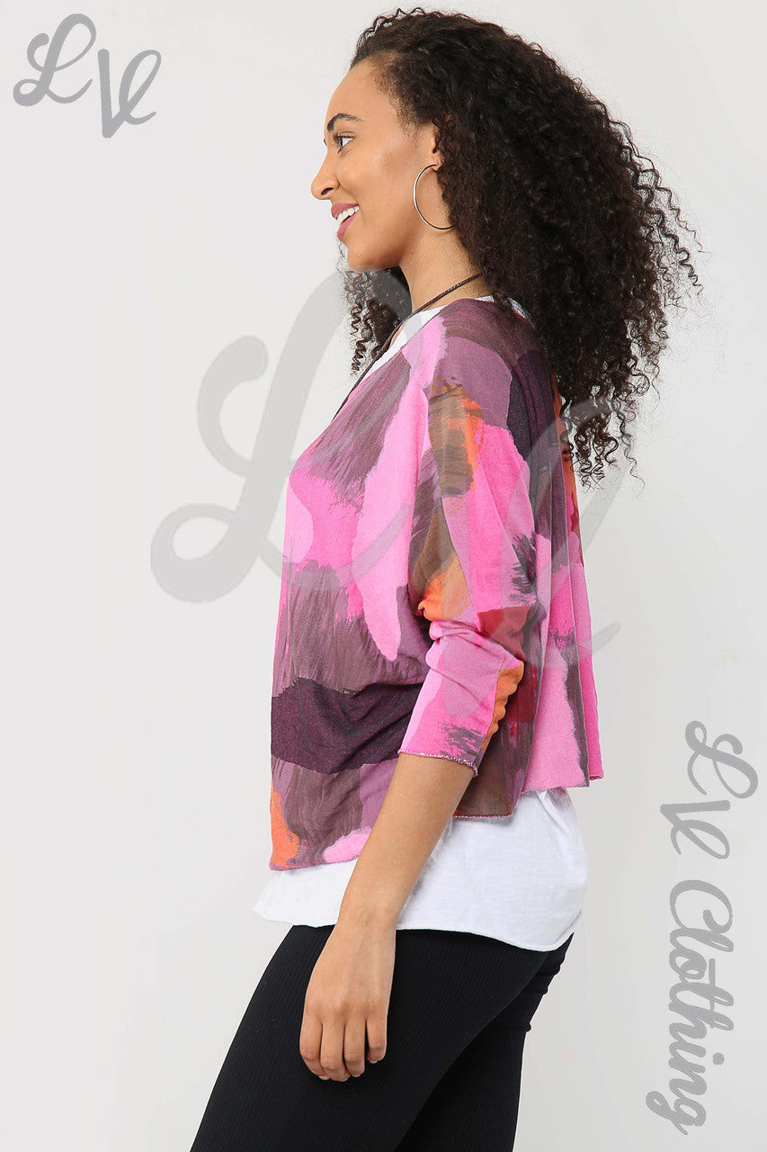 Ladies Watercolour Splash Top With Necklace Cerise - Unit Price £11.99