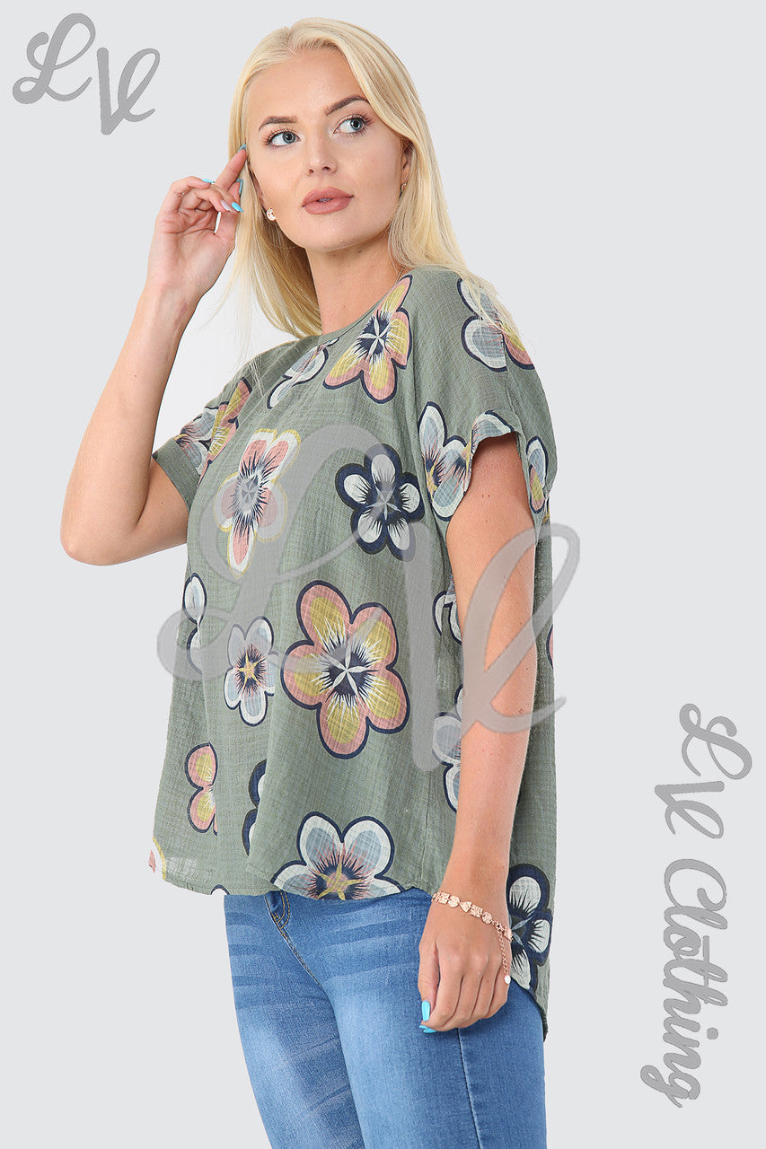 Dames Top met Zonnebloemprint Kaki Stukprijs €7,99