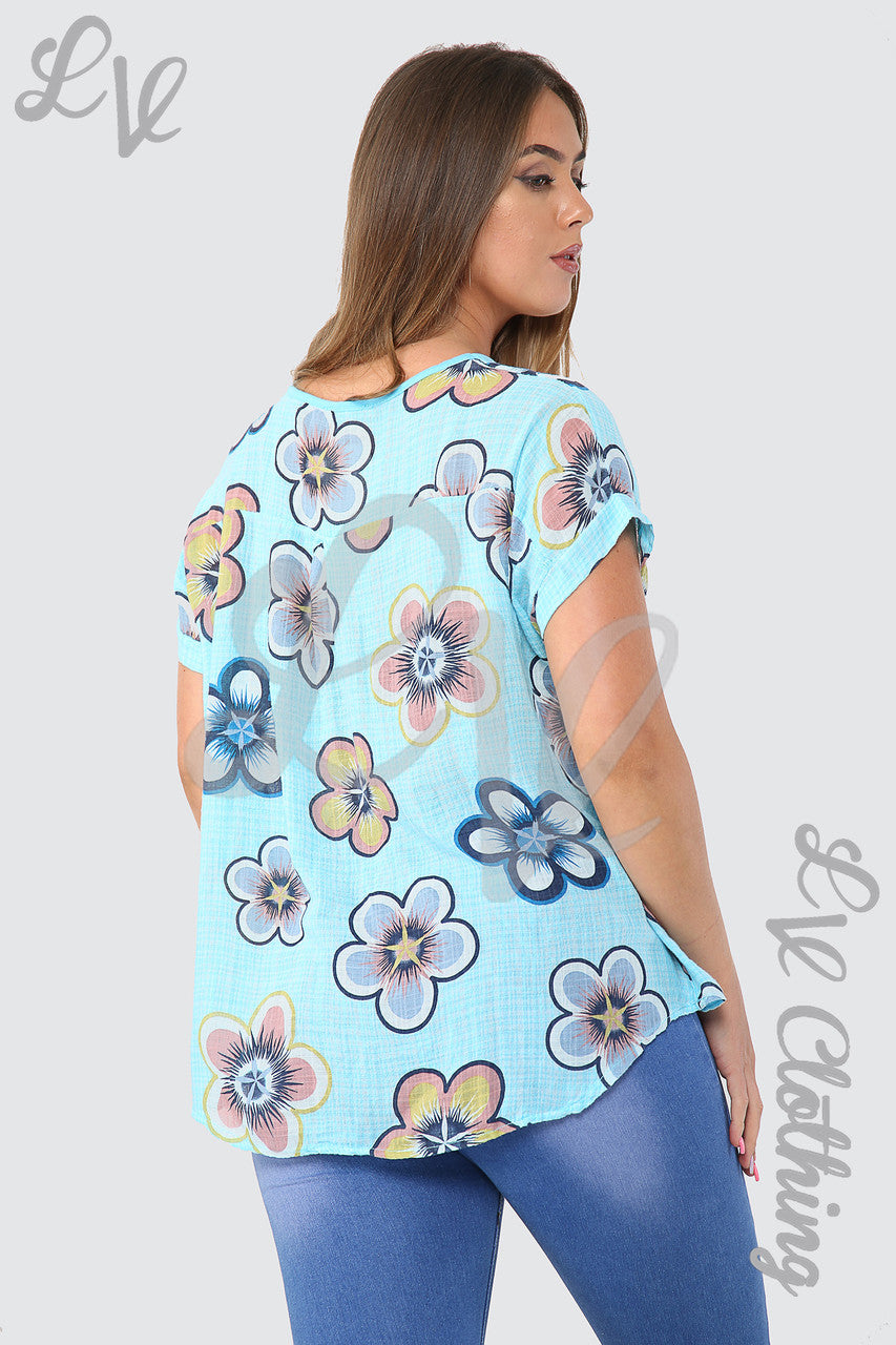 Dames top met zonnebloemprint turquoise Stukprijs € 7,99