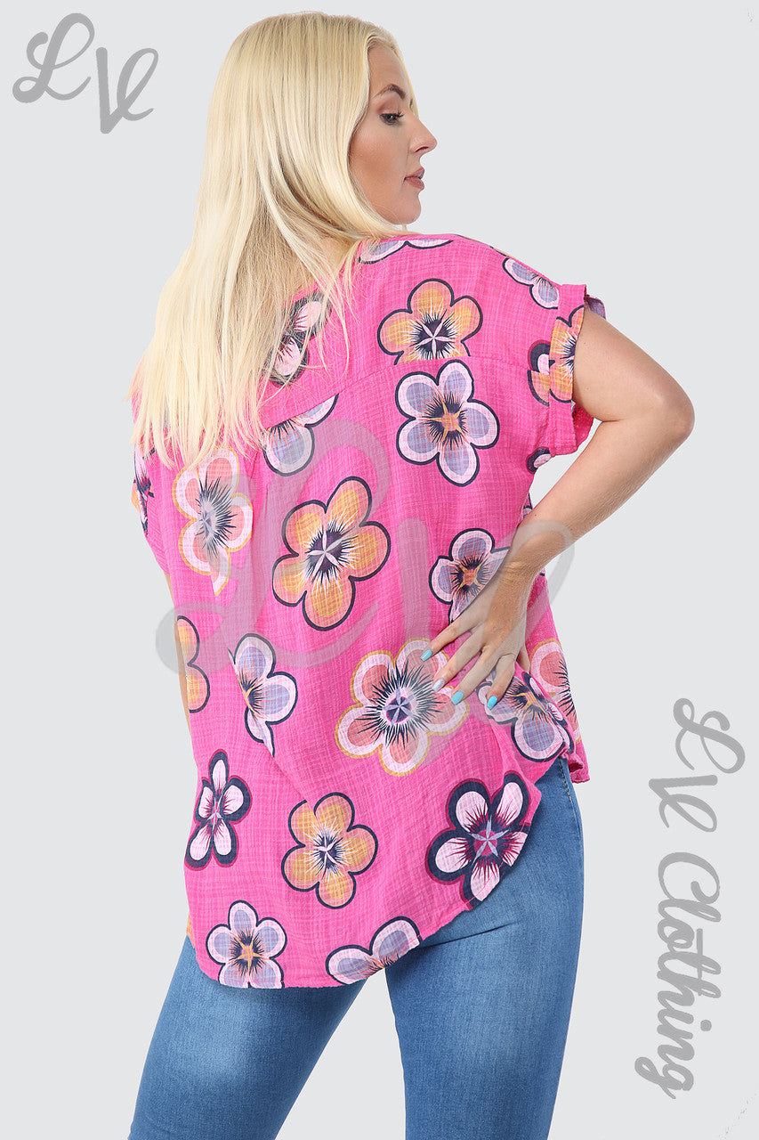 Ladies Sun Flower Print Top Cerise - Unit Price £9.99