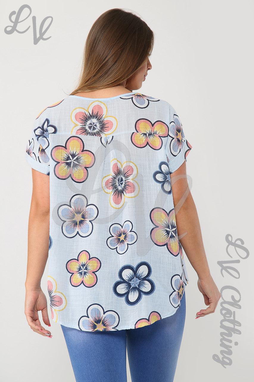 Dames top met zonnebloemprint lichtblauw eenheidsprijs £9,99