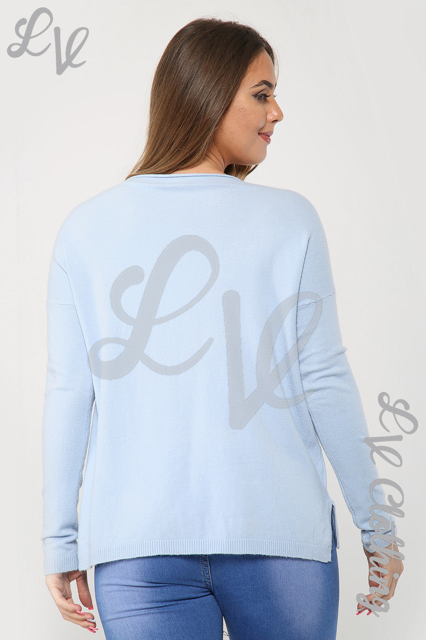 Ladies Diamante Sequin Star Print Jumper Light Blue - Unit Price £16.99