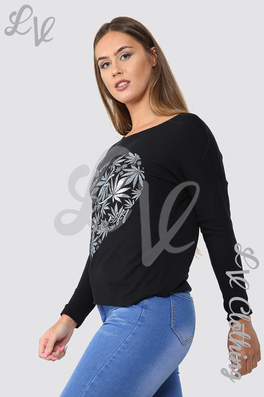Ladies Leaf Heart Graphic Top Black - Unit Price £10.99