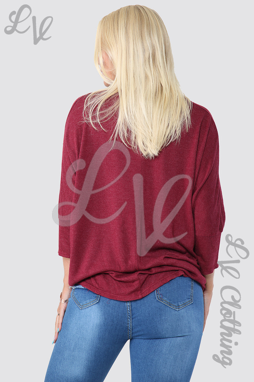 Ladies Plain Hi Lo Hem Fine Knit Top Burgundy - Unit Price £8.99