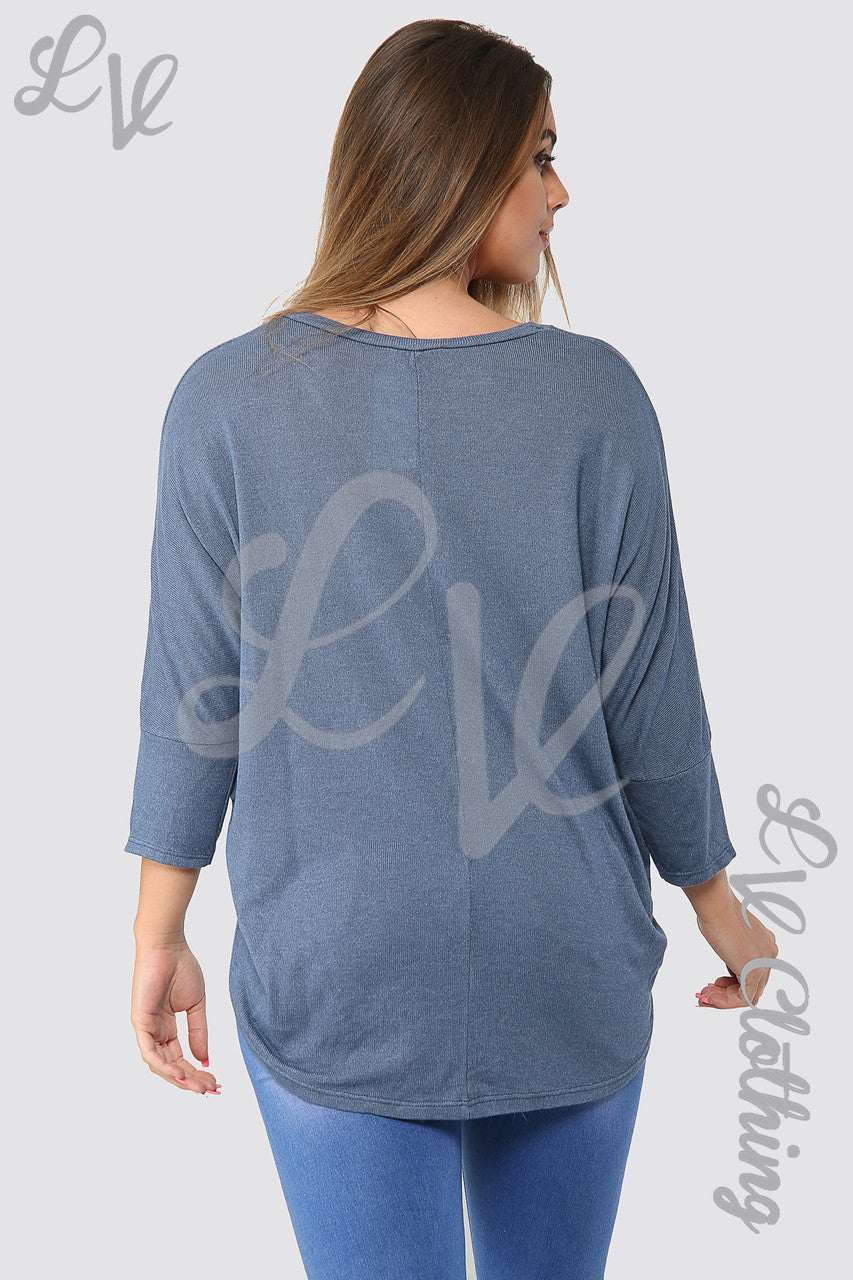 Ladies Plain Hi Lo Hem Fine Knit Top Denim - Unit Price £8.99