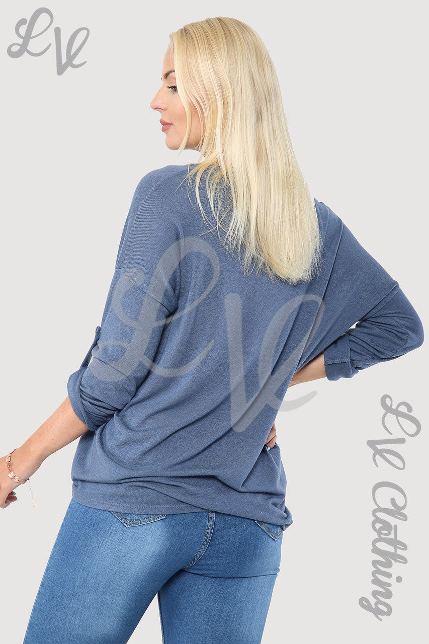 Dames Effen Top Met Enkele Plooi Aan De Voorkant Van Denim - Stukprijs € 8,99