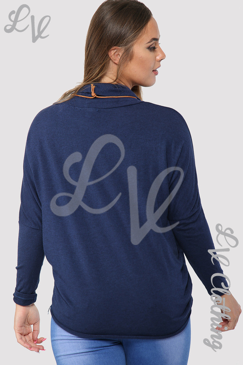 Ladies Plain Cowl Neck Top With Necklace Navy - Unit Price £6.99