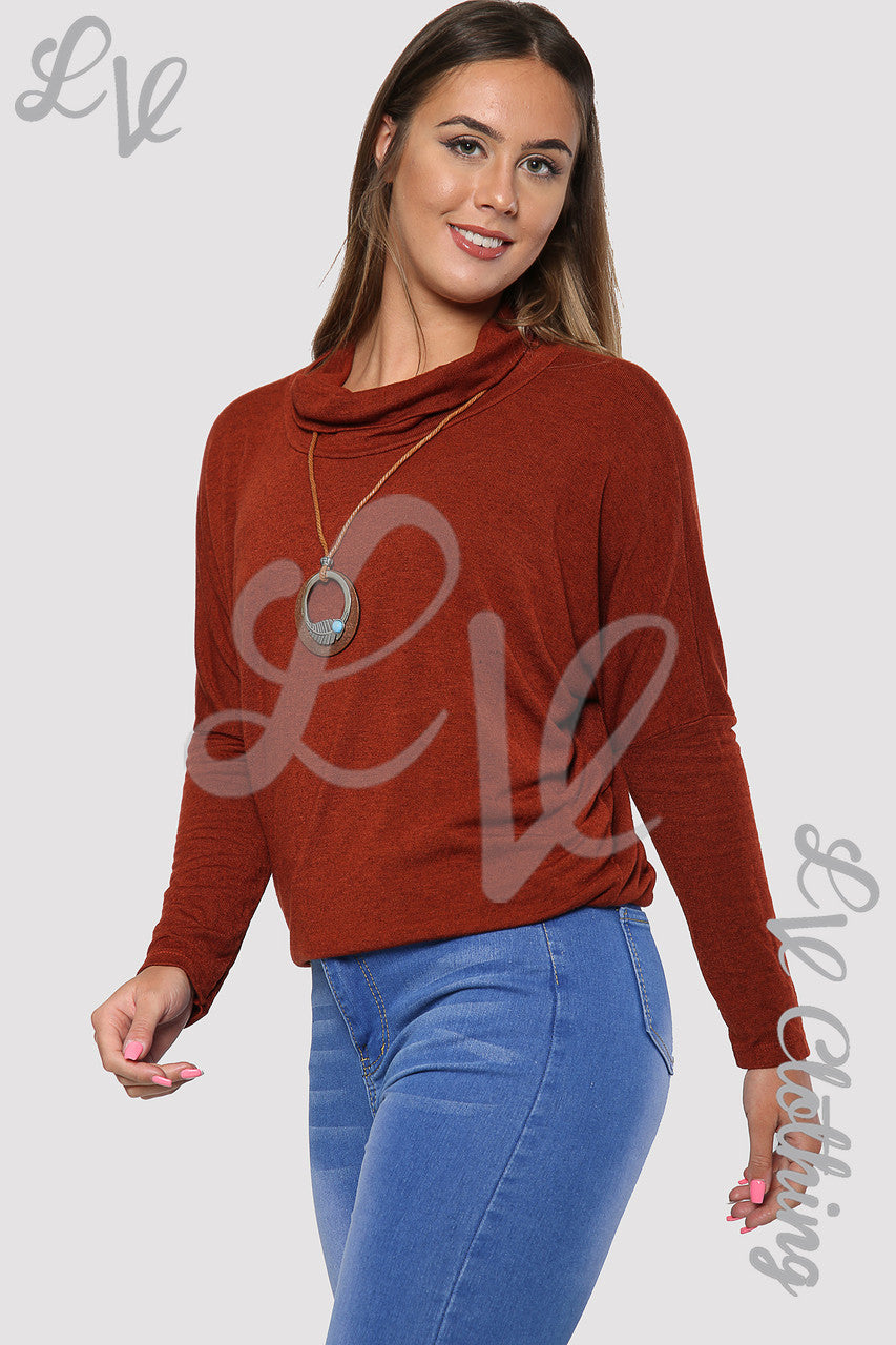 Ladies Plain Cowl Neck Top With Necklace Rust - Unit Price £10.99