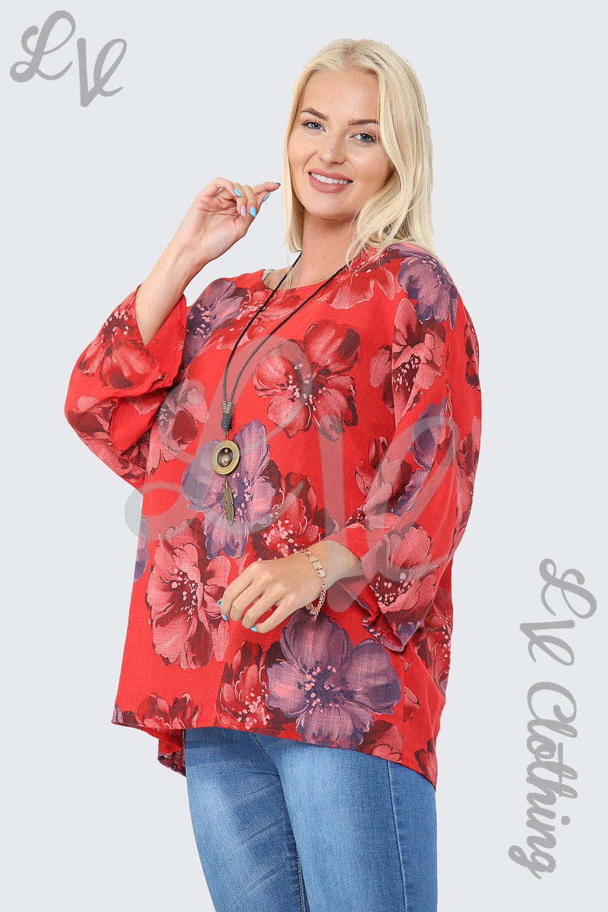 Ladies Flower Print Top With Necklace Red - Unit Price £9.99