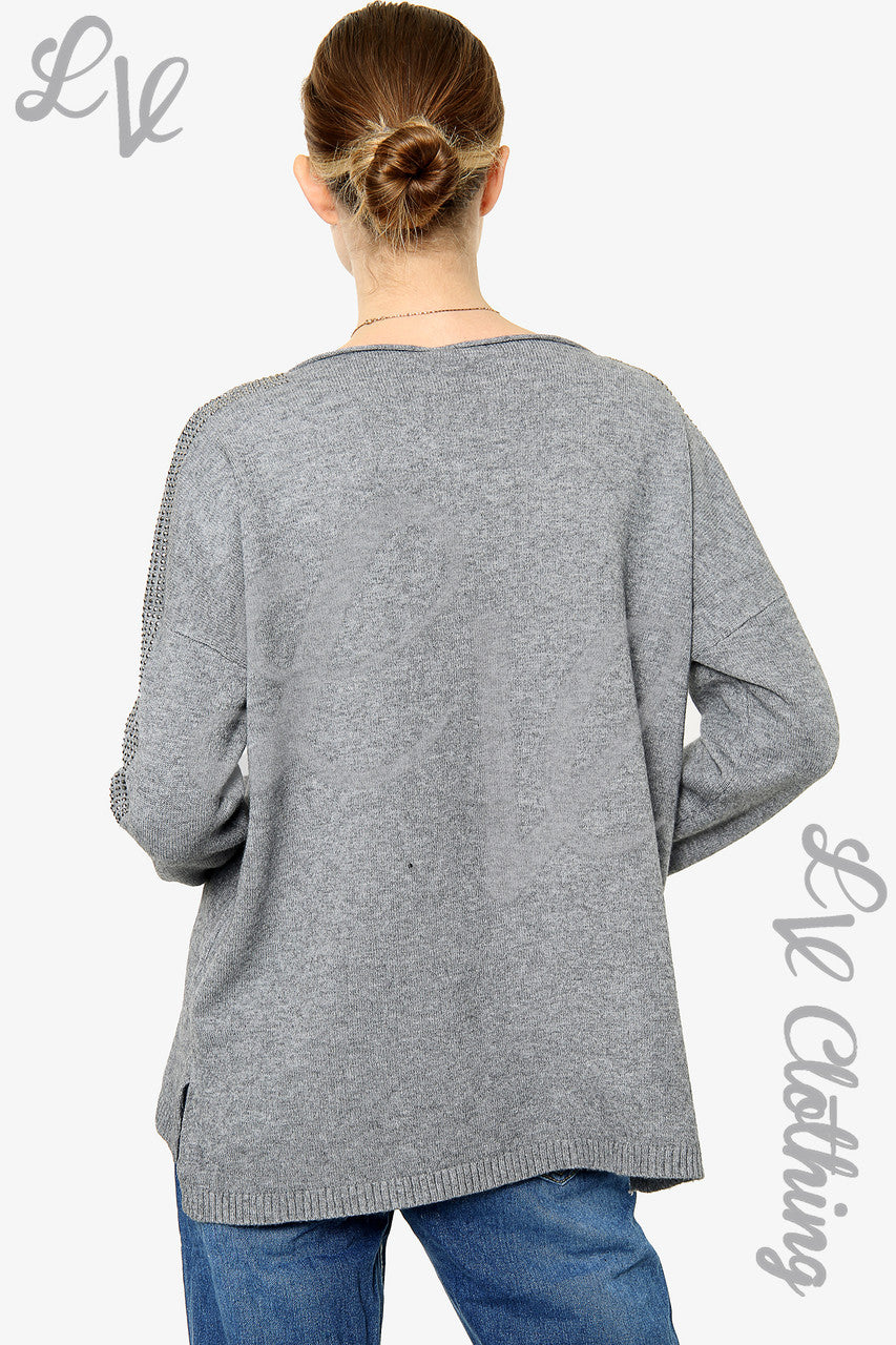 Dames Trui met lovertjes op mouwen Houtskool - Prijs per eenheid € 20,99
