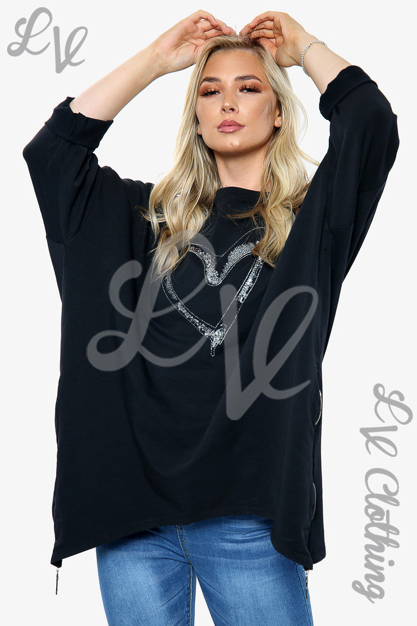 Dames Sweatshirt met borduurhart en ritsdetail Zwart Stukprijs €8,99