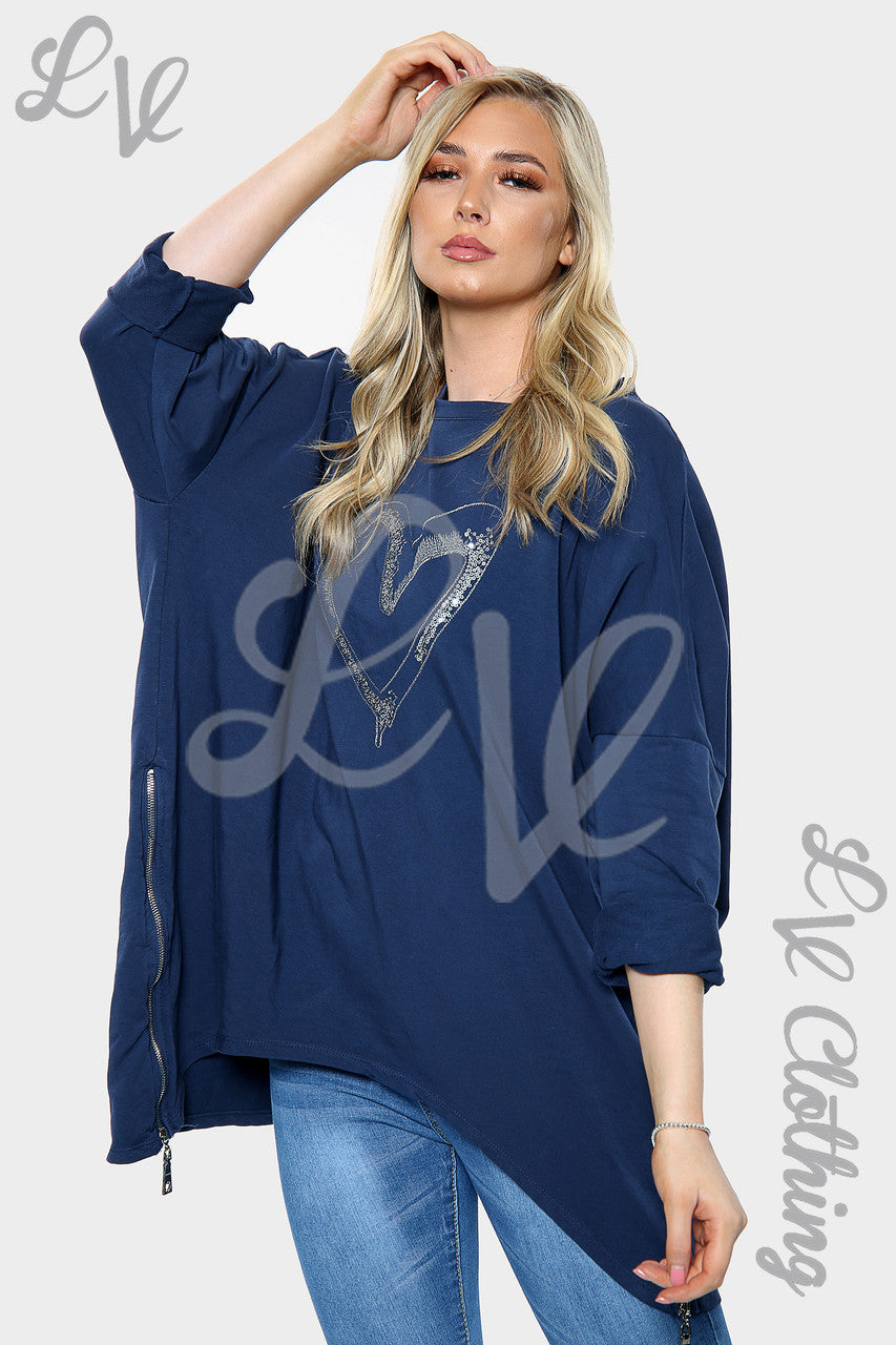 Ladies Embroidery Heart Zip Detail Sweatshirt Navy Unit Price £14.99