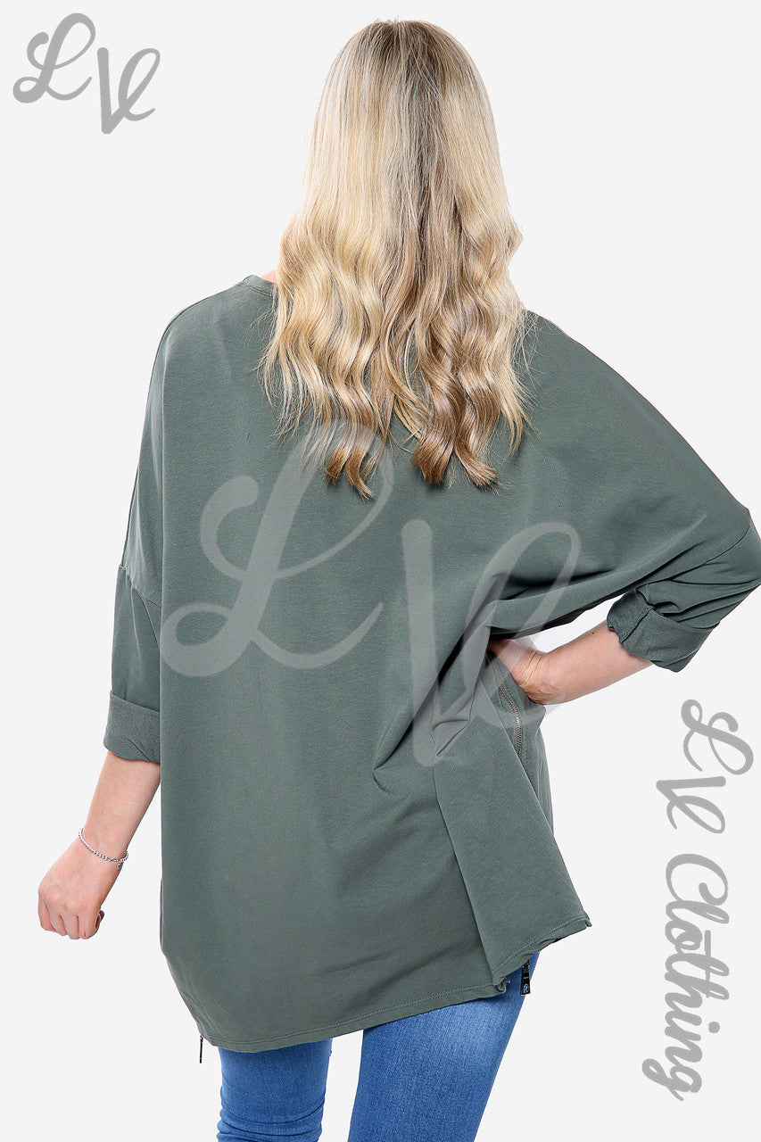Dames Sweatshirt met Geborduurd Hart en Ritsdetail Khaki Stukprijs € 8,99