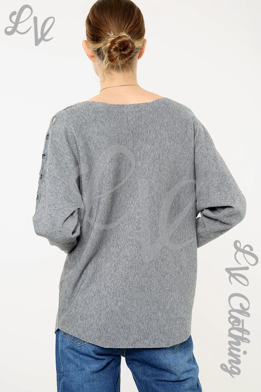 Ladies Sequin & Cut Out Sleeve Detail Jumper Charcoal - Unit Price £20.99