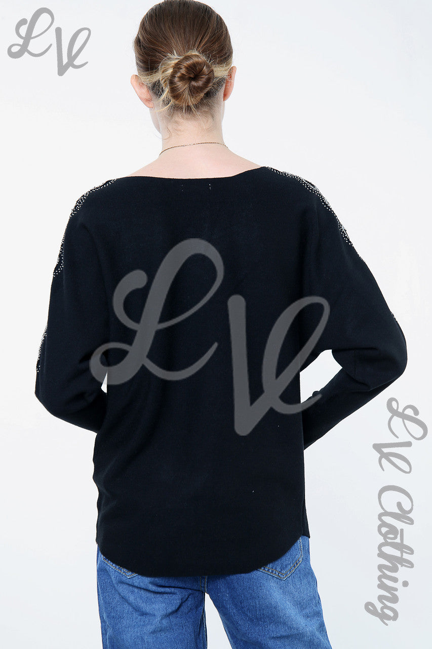Ladies Sequin & Cut Out Sleeve Detail Jumper Black - Unit Price £10.99