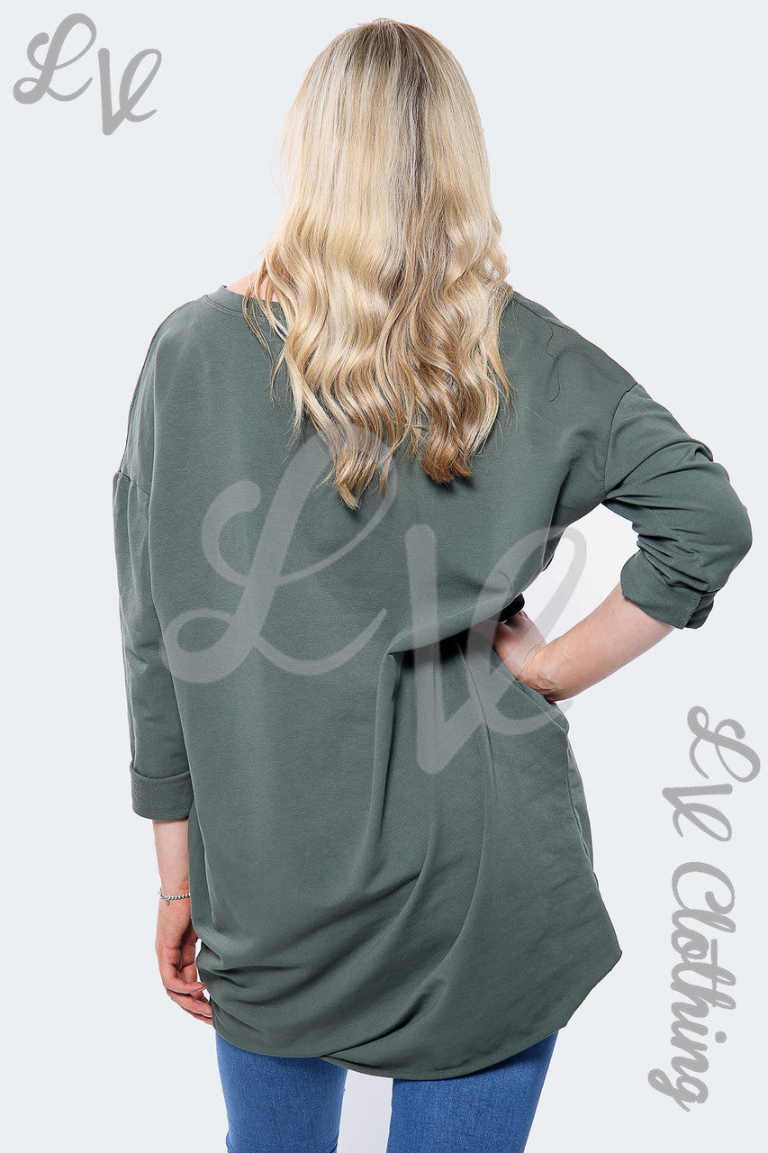 Dames Sweatshirt Top met Zilverfolie Hartjesprint Khaki Stukprijs €14,99