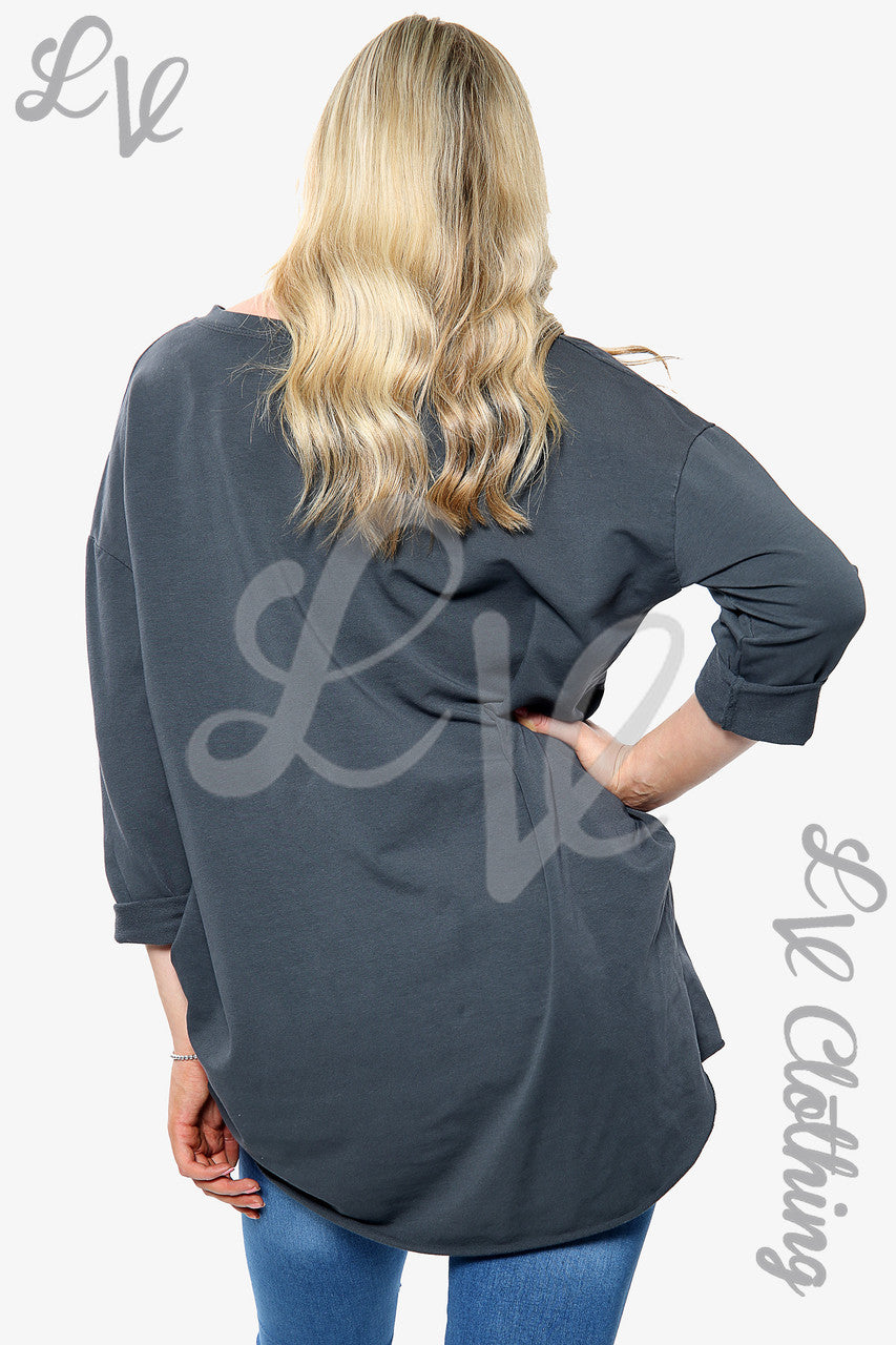 Dames zilverfolie hartprint sweatshirt top antraciet Stukprijs €14,99