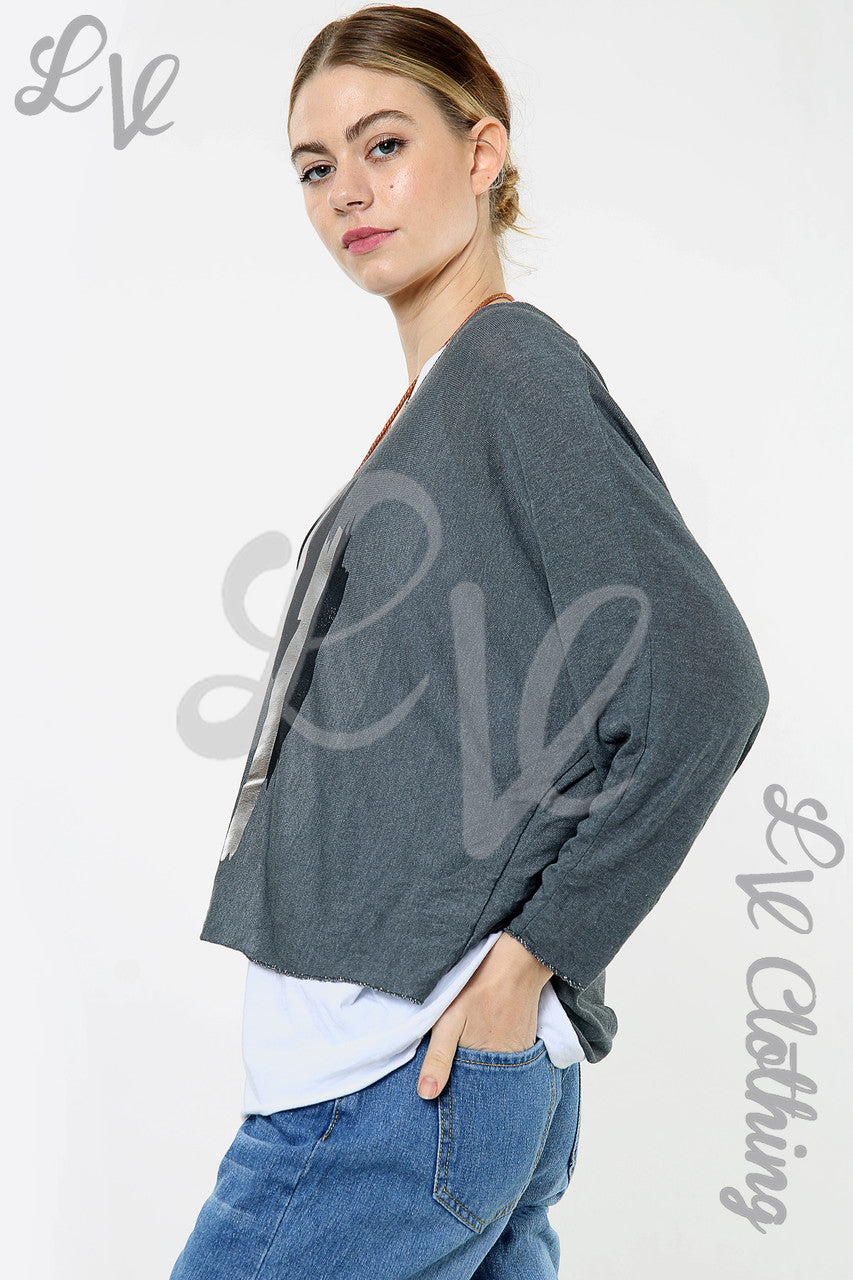 Ladies Two Layered Foil Lines Design Top Charcoal Unit Price WAS £8.99 NOW £5.99