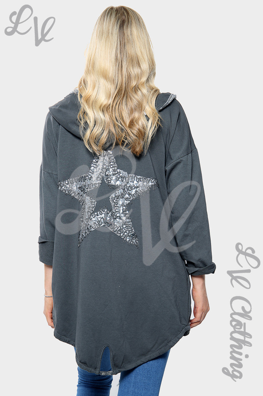 Dames Sequin Ster Achterkant Hoodie Vest Antraciet Prijs per stuk €18,99